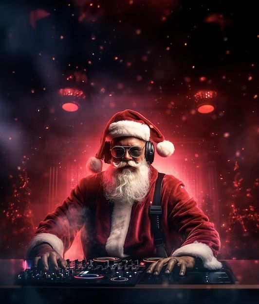 a dj dressed as santa claus playing music on his turntable in front of christmas lights