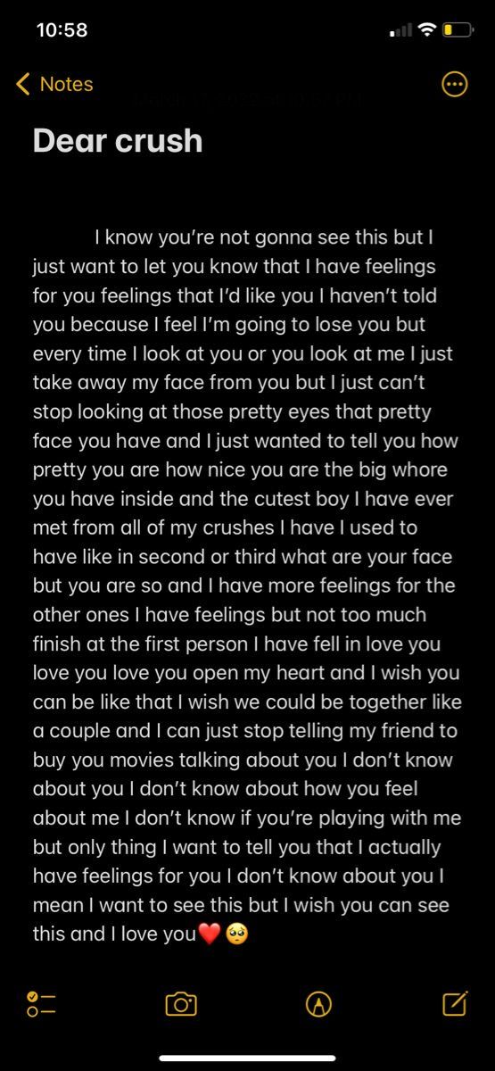 a text message with the words dear crush written in yellow and red on black background