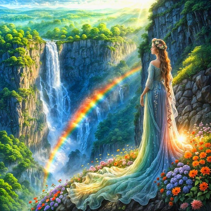 a painting of a woman standing in front of a waterfall with a rainbow behind her