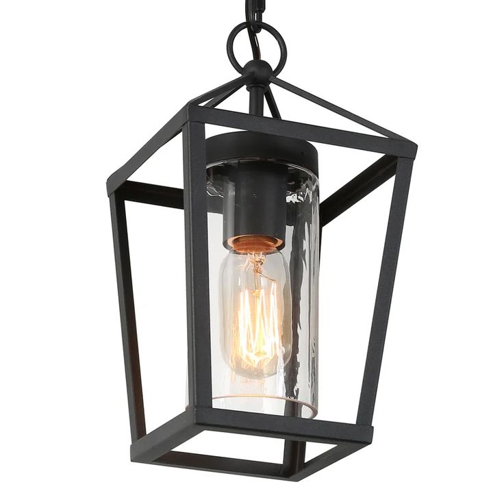 a light hanging from the ceiling with an open cage on it's side and a bulb