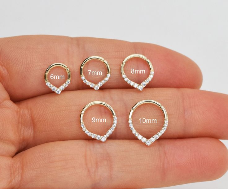 three pairs of small diamond heart shaped nose rings in gold or silver, size 5mm to 9mm