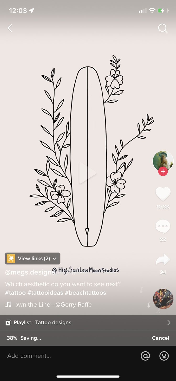 an image of a surfboard with flowers and leaves drawn on it's side