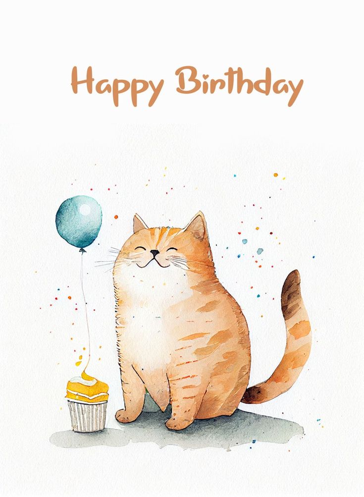 a watercolor painting of a cat holding a cupcake and a balloon with the words happy birthday written on it