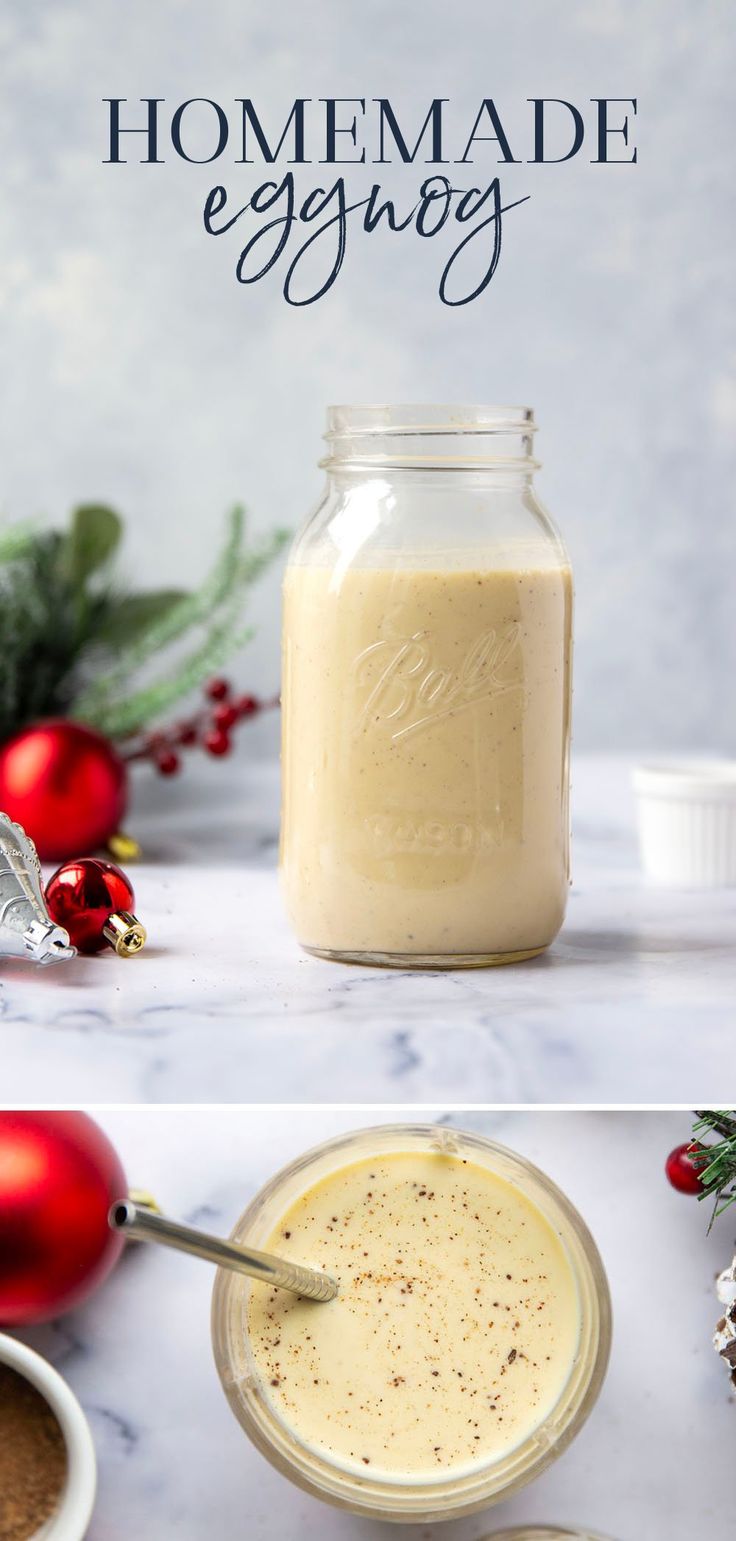 homemade eggnog in a glass jar with spoons and christmas decorations around it