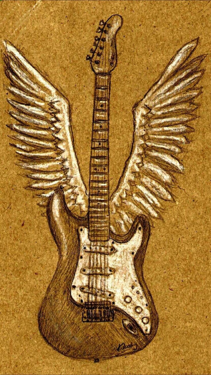 a drawing of an electric guitar with wings