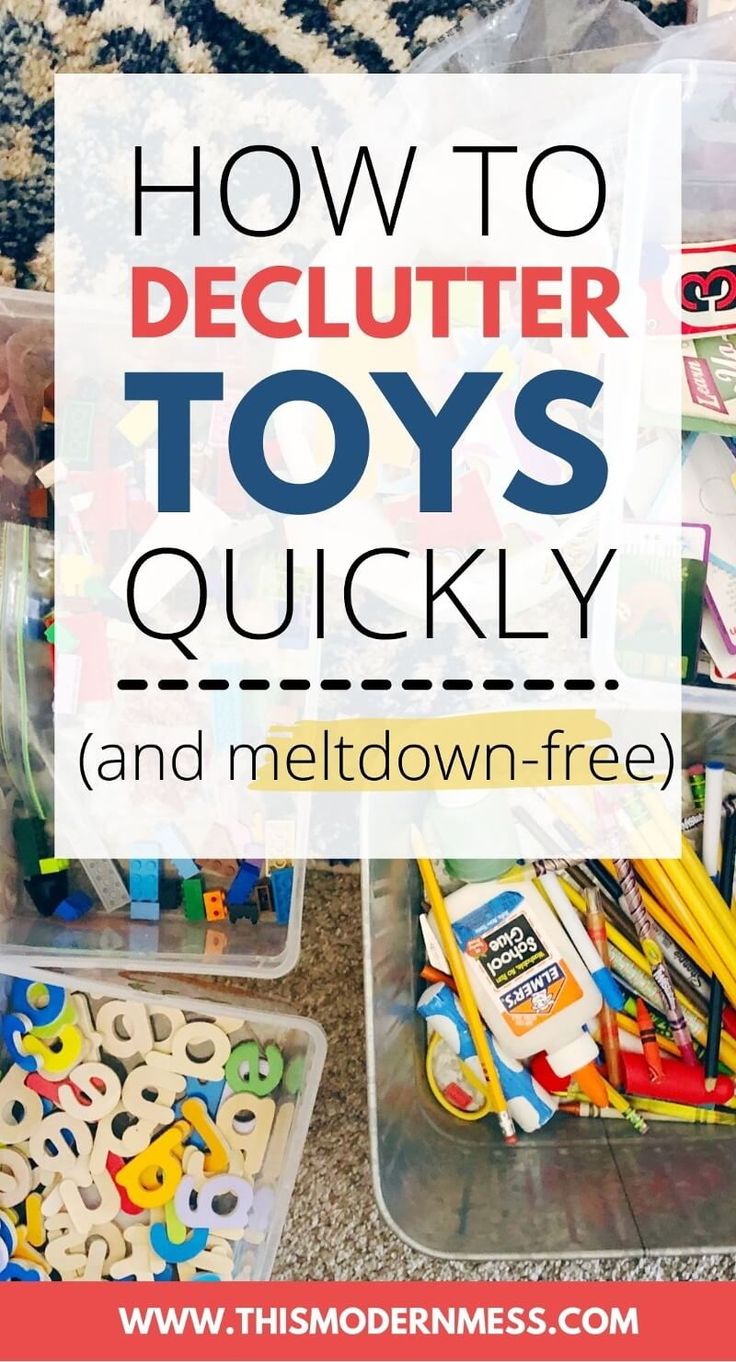 toys in plastic containers with the title how to declutter toys quickly and meltdown - free