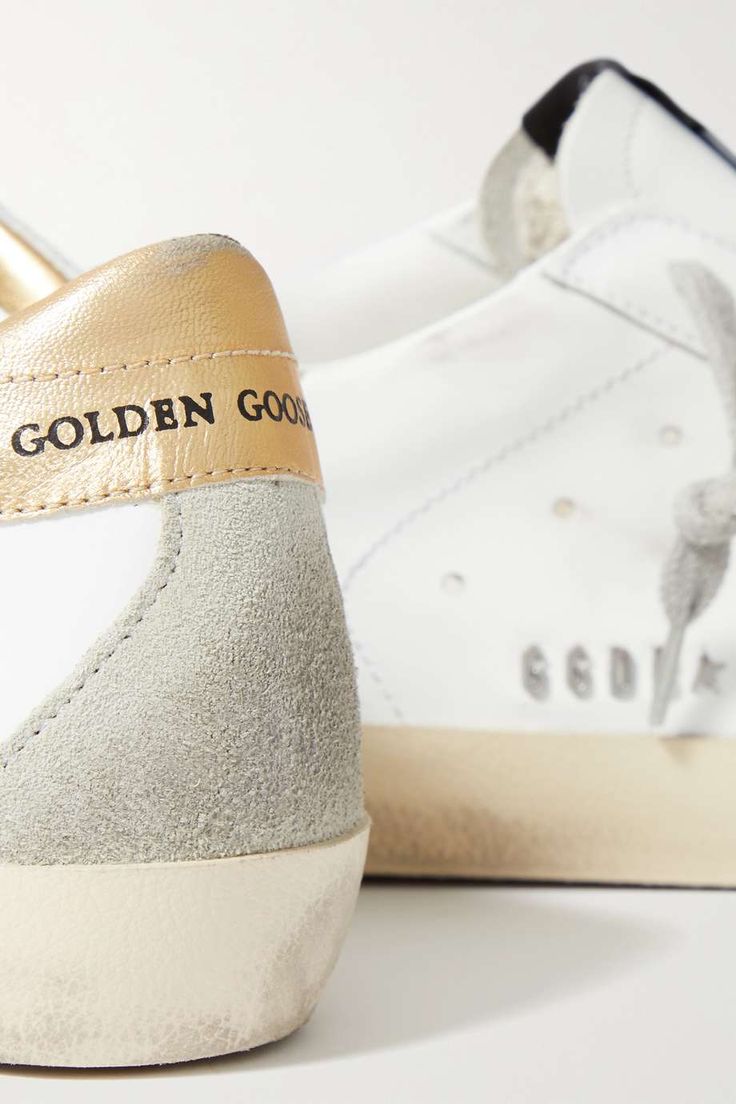 White Superstar distressed leather and suede sneakers | GOLDEN GOOSE | NET-A-PORTER Golden Goose Superstar, Sporty Looks, Golden Goose Shoes, Golden Goose Deluxe Brand, Gold Heels, Suede Sneakers, Distressed Leather, Gray Suede, Golden Goose