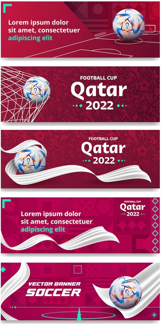 three banners with soccer balls on them and the words qatar written in arabic, english and spanish