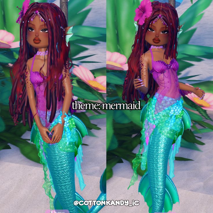 two pictures of a mermaid with long hair