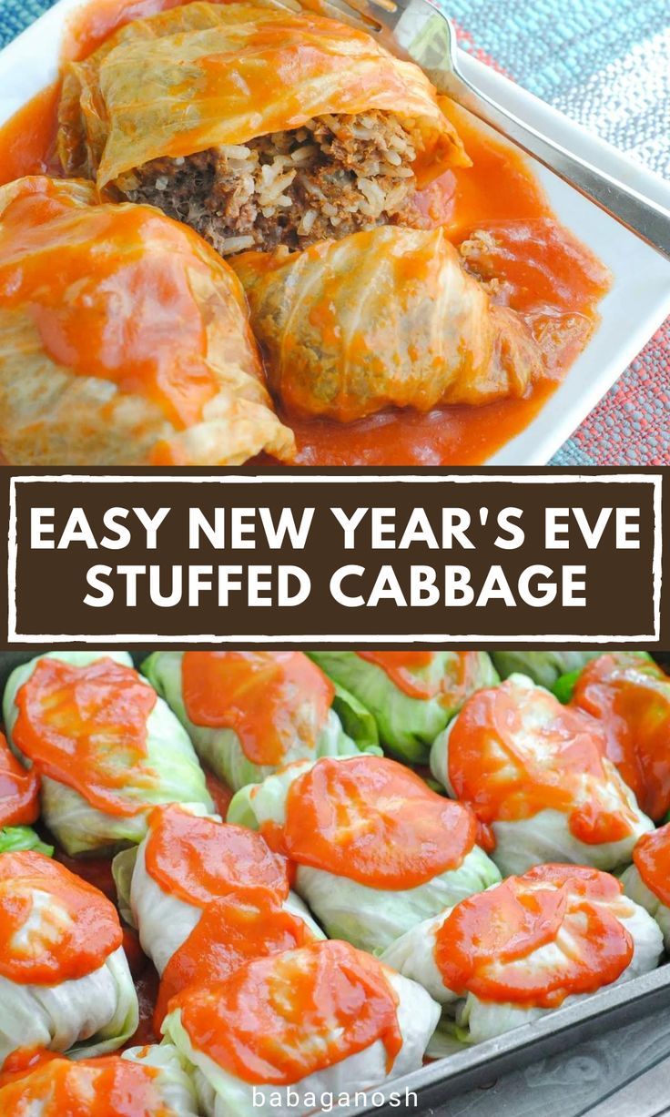 an easy new year's eve stuffed cabbage with tomato sauce and meat in the middle