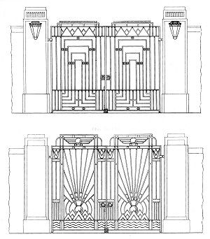 an architectural drawing of the front and back doors of a building with decorative ironwork