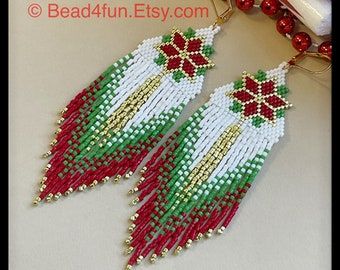 beaded earrings with red, white and green beads