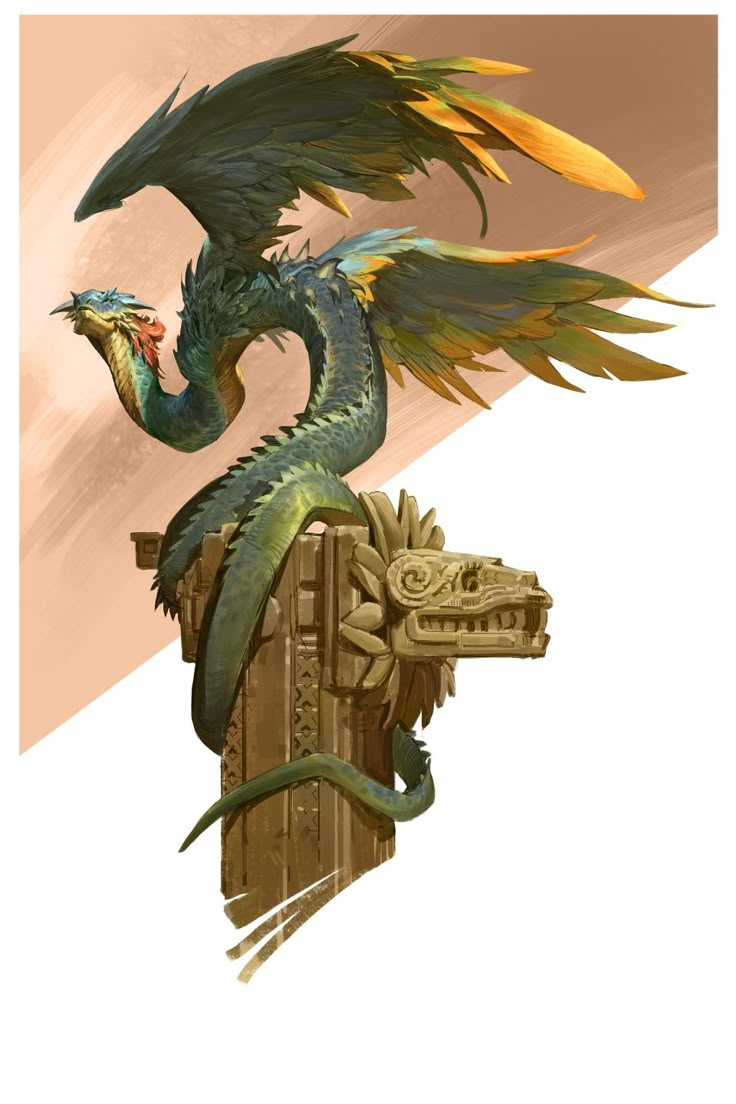 a green and yellow dragon sitting on top of a wooden post next to a building