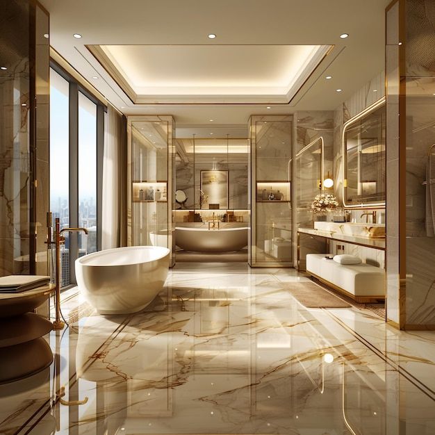 an elegant bathroom with marble floors and large bathtub in the center, surrounded by glass walls