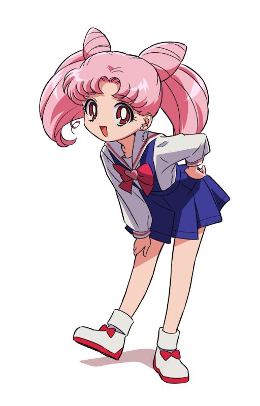 an anime character with pink hair and blue dress