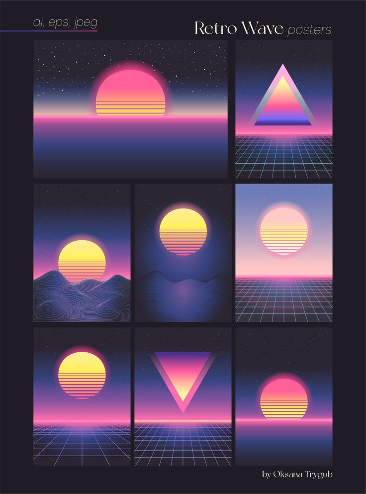 retro wave posters with different shapes and colors