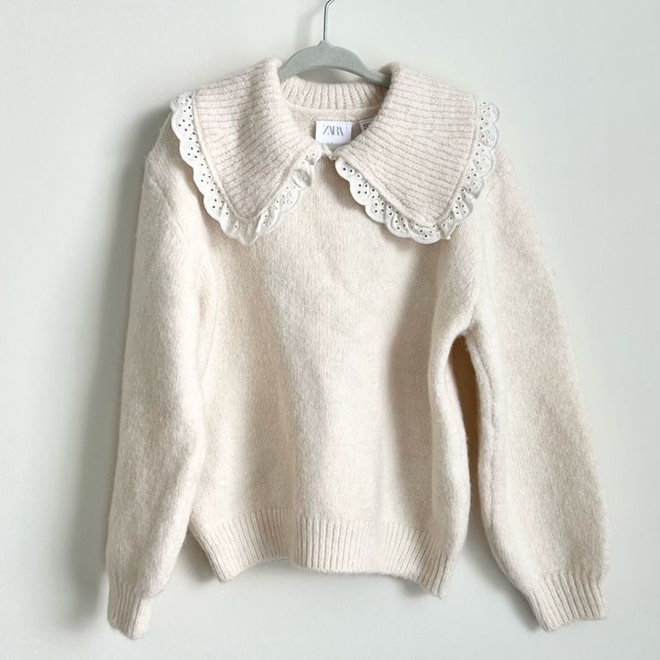 In Excellent Condition With No Major Flaws To Note. Brand New With Tags Still Attached. Bin L White Collar Sweater For Winter, Cute Beige Winter Tops, Winter Crew Neck Sweater With Lace Trim, Winter Beige Tops With Lace Trim, Cute Winter Tops By Zara, Beige Collared Tops For Winter, Cozy Beige Zara Top, Cozy Cream Zara Tops, Cute White Zara Sweater