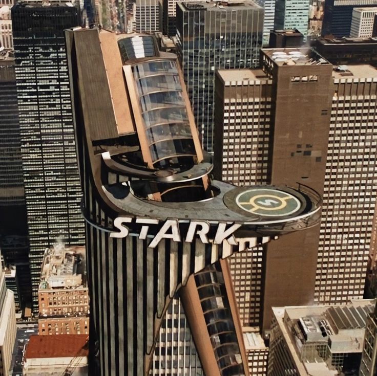 an aerial view of a city with skyscrapers and the word stark written on it