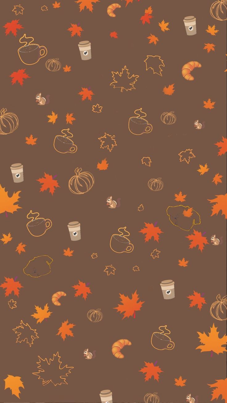 a brown background with autumn leaves and acorns on the bottom right corner is an orange cup