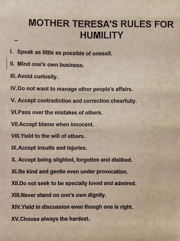 a piece of paper with instructions on how to use mother teresa's rules for humility