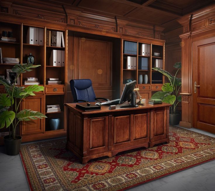 a large wooden desk in an office with lots of bookshelves and plants on it