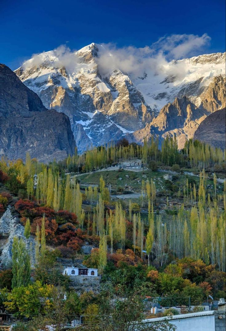 the mountains are covered in snow and green trees, with houses on the hillside below