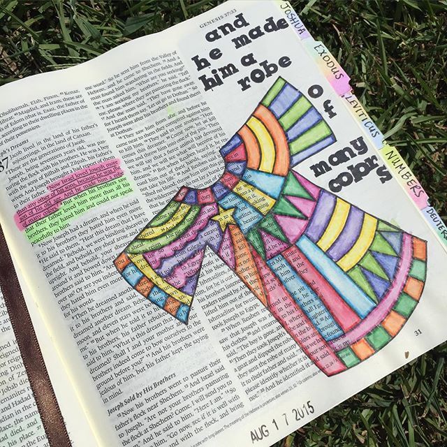 an open bible with the words, he made him a robe of many colors on it