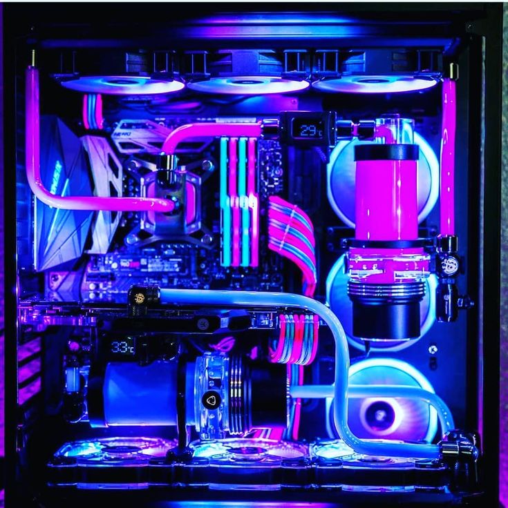 the inside of a computer case with colorful lights