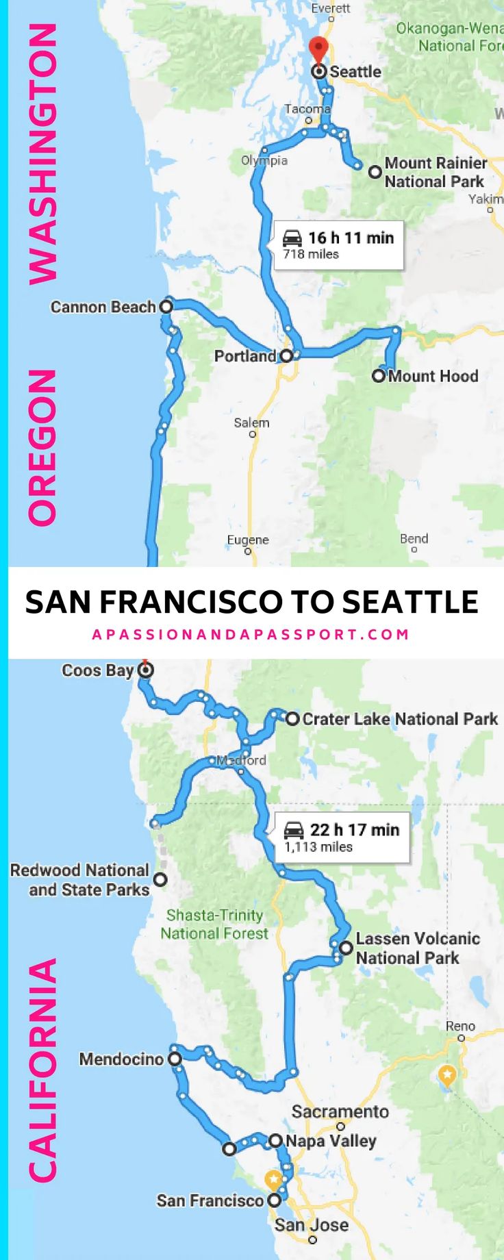 the san francisco to seattle route map is shown in two separate sections, one with a blue line