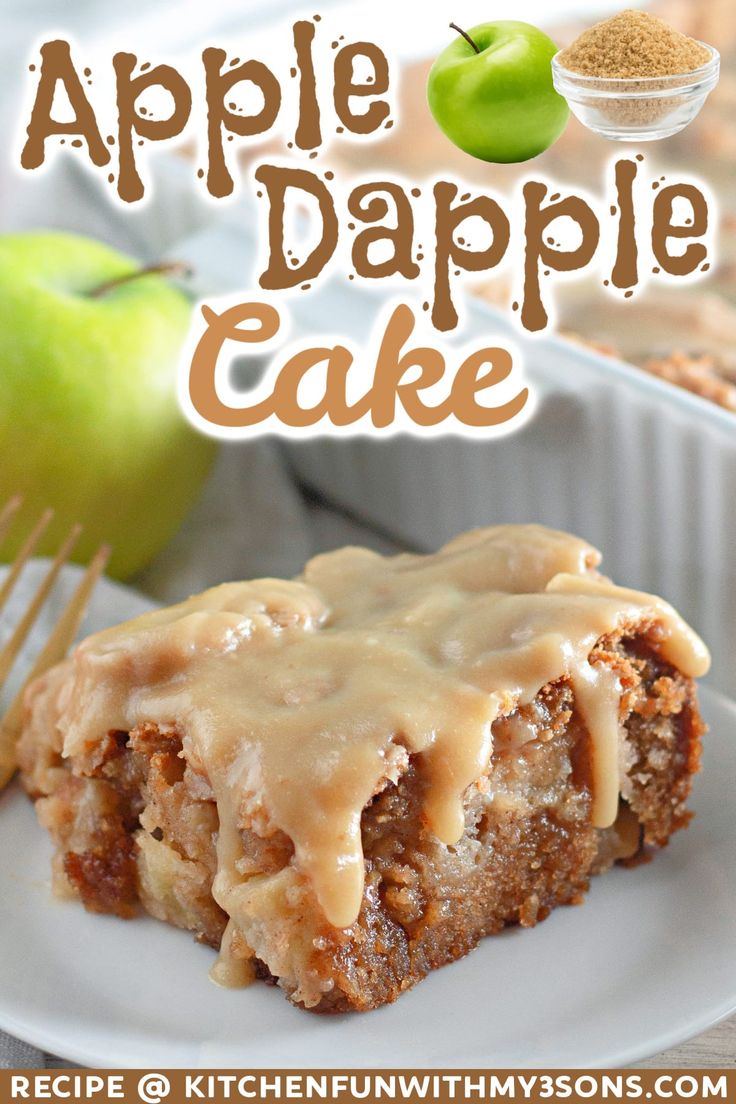 an apple cake on a white plate with caramel glaze and apples in the background