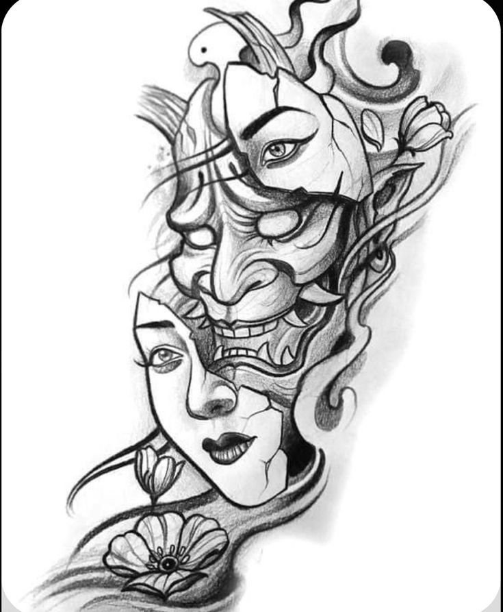 an artistic tattoo design with two faces and flowers