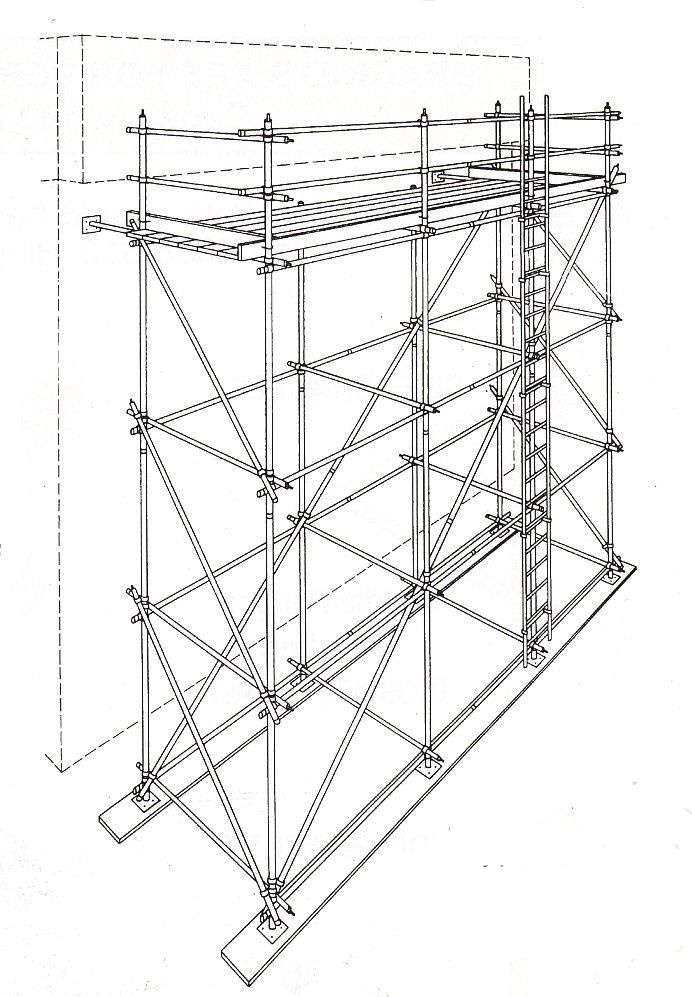 the scaffolding structure is shown in black and white, with lines drawn across it