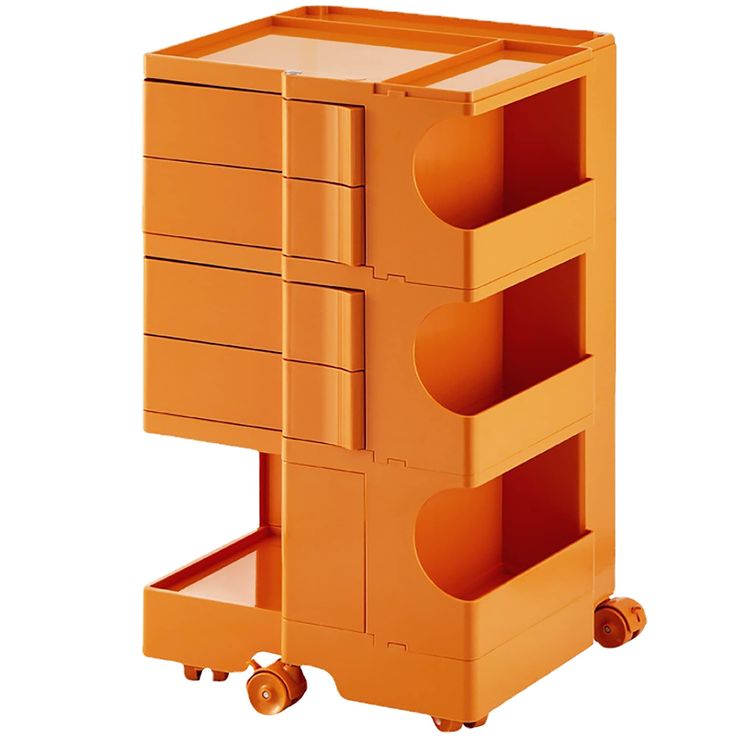 an orange cart with three drawers on it's sides and four wheels that are attached to each other