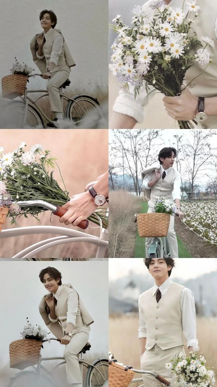 a man riding a bike with flowers in baskets on the front and back of it