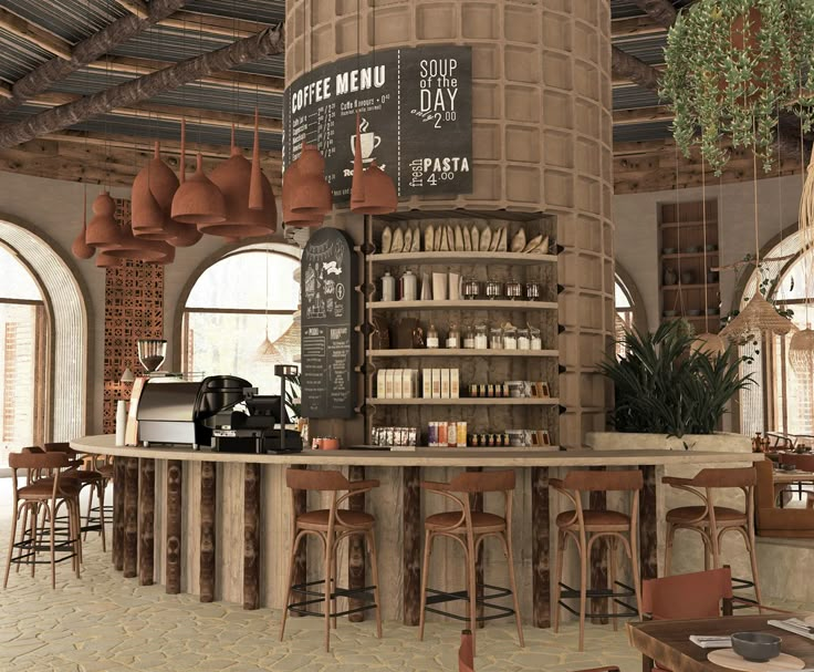 the interior of a restaurant with wooden tables and stools in front of an open air bar