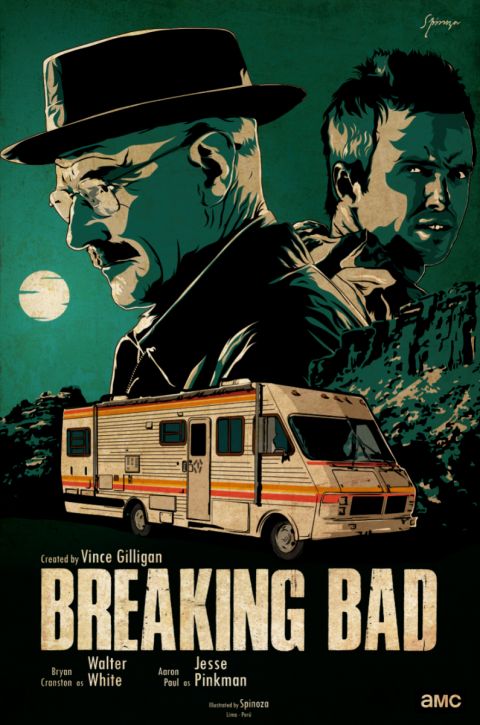 the breaking bad movie poster with two men and an ambulance in front of them on a dark green background