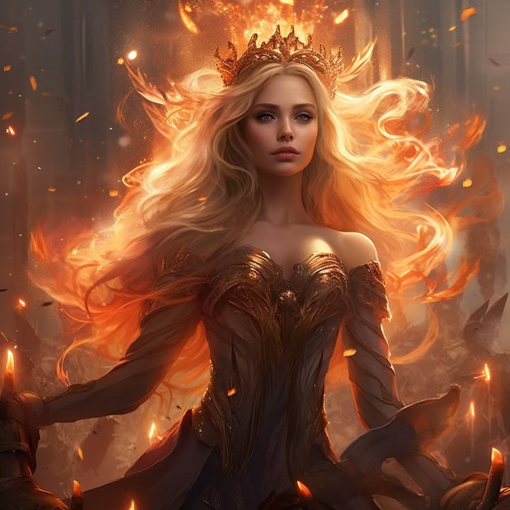 a woman with long blonde hair wearing a tiara and surrounded by fire, in front of a dark background