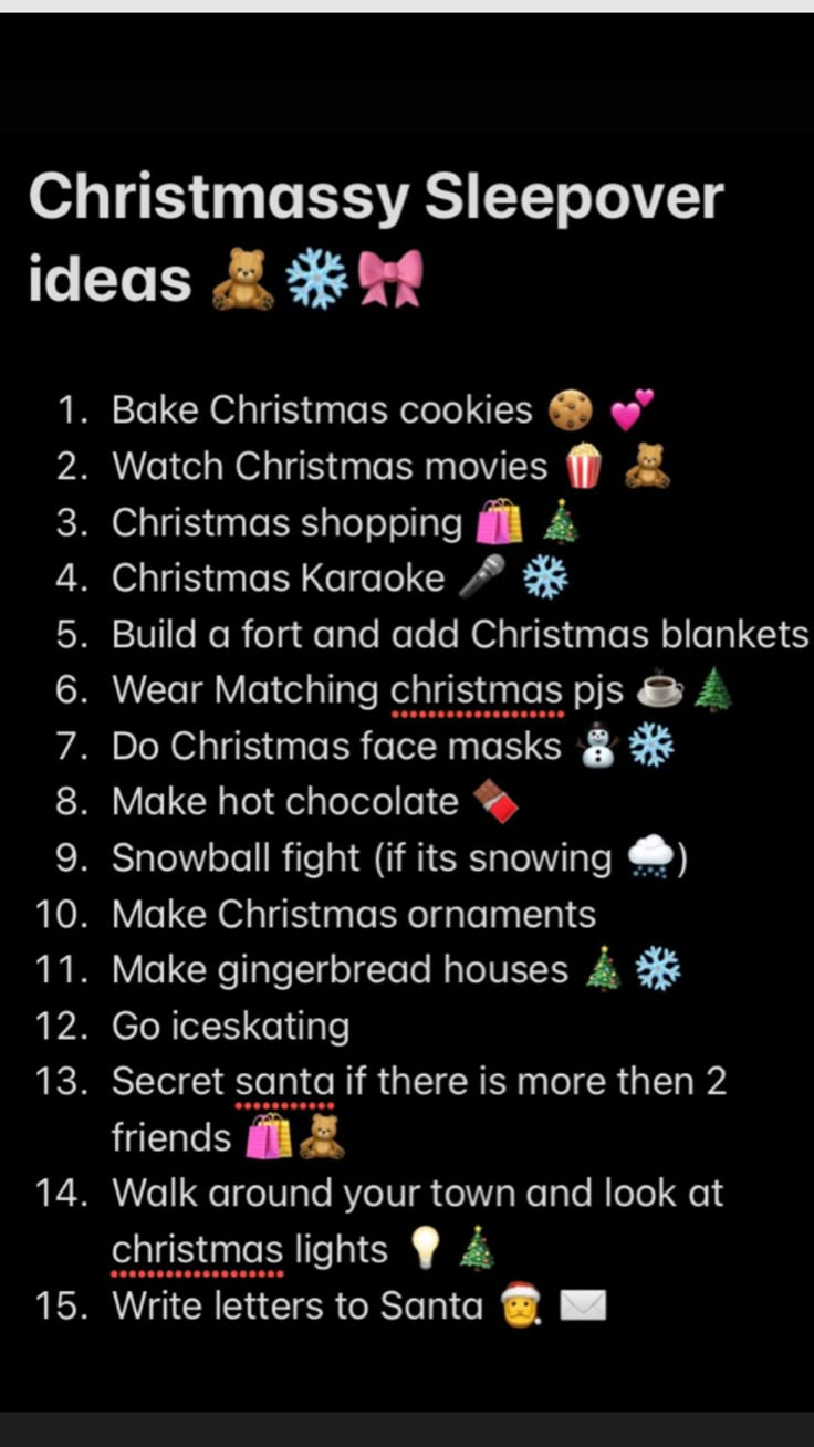 the christmas sleepover list is displayed on a computer screen, with text below it