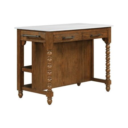 a wooden desk with two drawers on one side and a marble top on the other