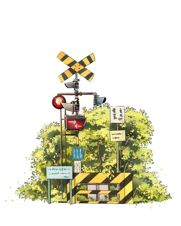 a drawing of a railroad crossing with traffic lights and signs on the side of it