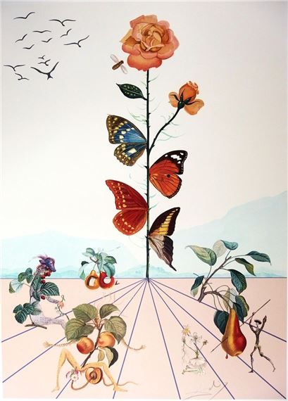 an illustration of butterflies and flowers in the desert