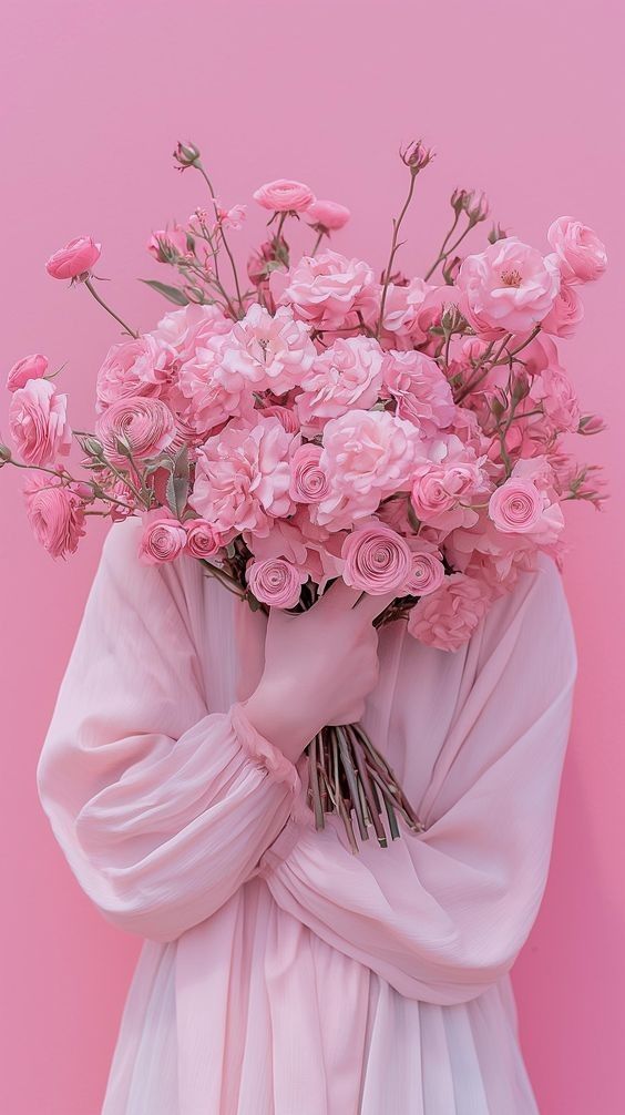 a woman holding a bouquet of pink flowers