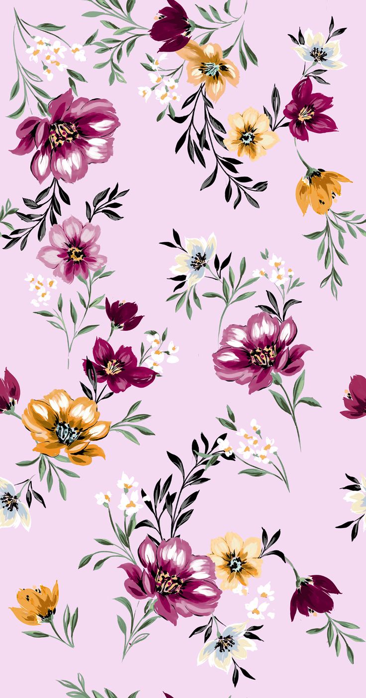 a pink background with many different flowers and leaves on the bottom right hand corner is an orange, yellow, purple, and white flower pattern