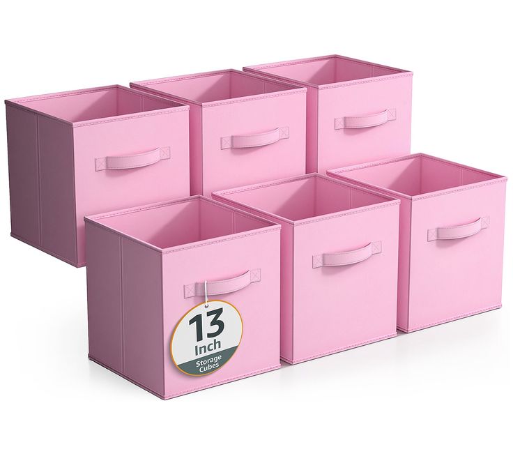 six pink storage bins with the number 13 on each one side and three different colors