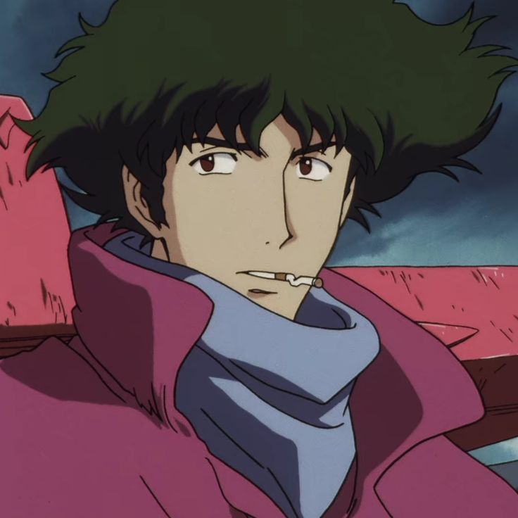 an anime character with green hair wearing a red coat and looking off into the distance