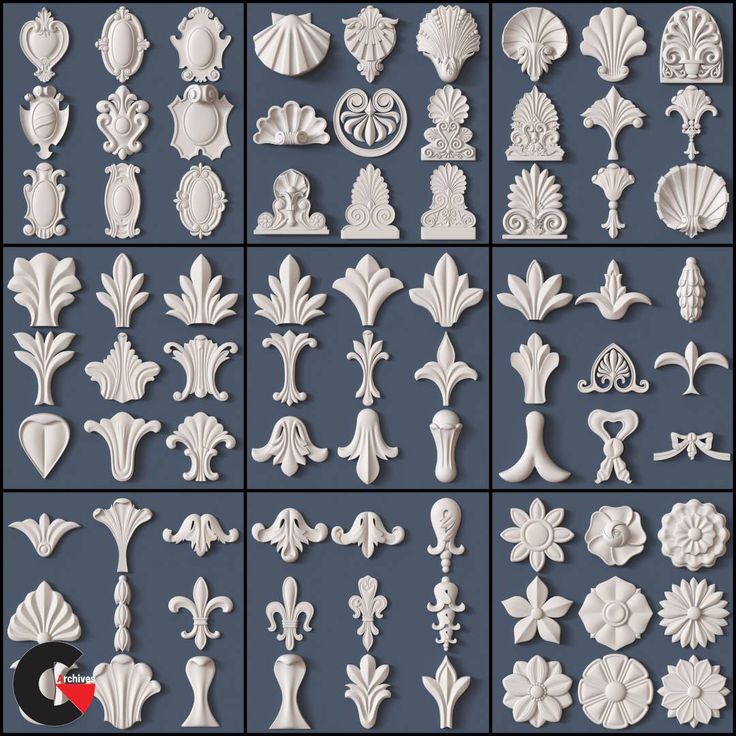 the different styles and shapes of decorative moulder molds are shown in white