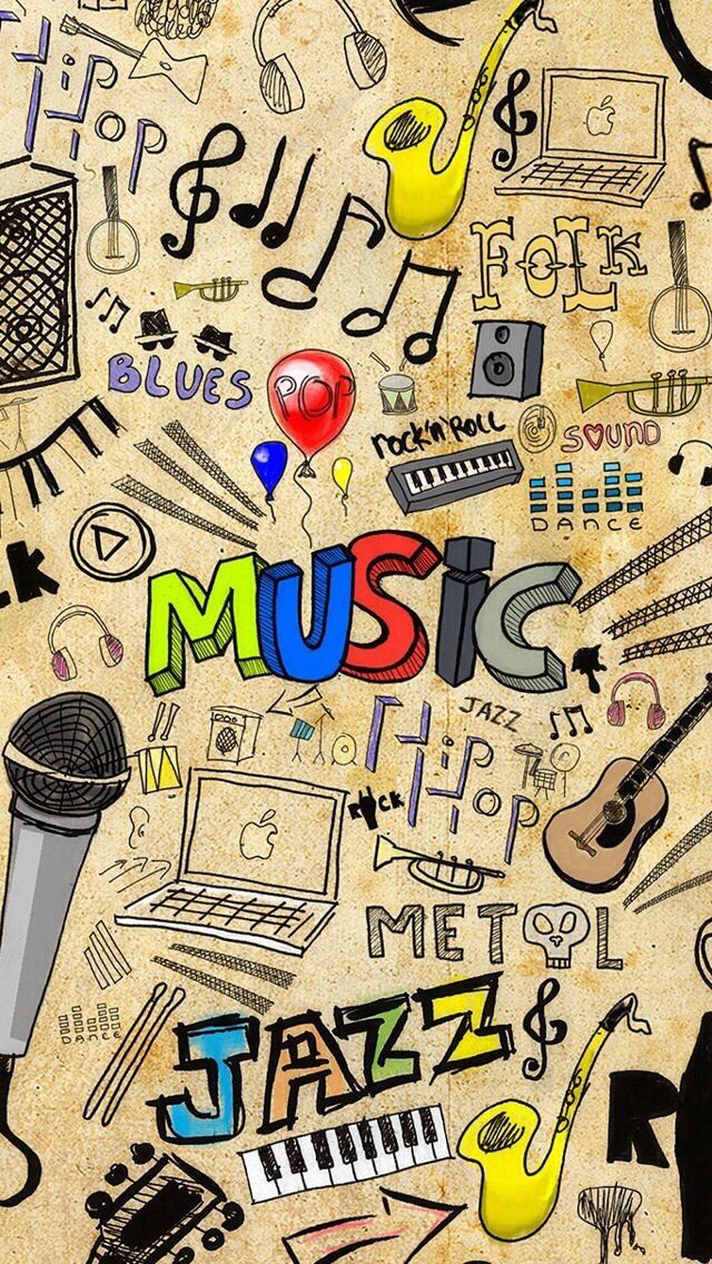 the word music is surrounded by musical instruments and other things that are drawn on paper