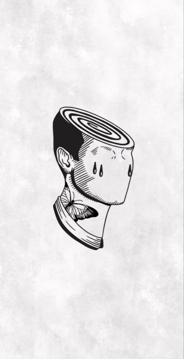 a black and white drawing of a man's head with a brain on it