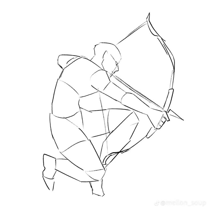 a drawing of a man with an arrow in his hand, kneeling down and holding the bow