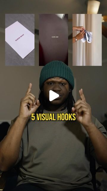 a man wearing a green beanie and making five visual hooks for the video title